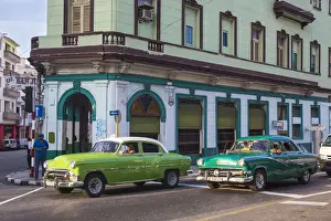 Cars Prints: Cuba, Havana, Classic American cars passing by Bar San Juan