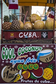 Images Dated 25th April 2017: Cuba, Havana, Habana Vieja - Old Town, Stand selling Coconut and pineapple drinks