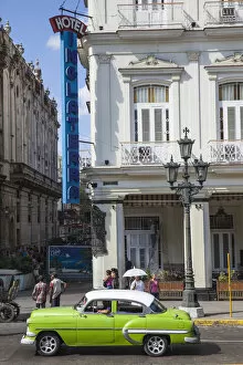 Cuba, Havana, Paseo del Prado, Car outside The Ingleterra hotel