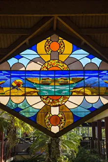 Cuba, Jardines del Rey, Cayo Coco, Playa Larga, Stained glass window in lobby of
