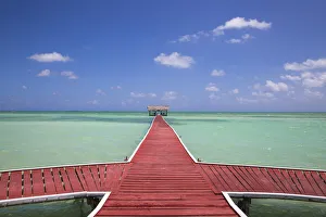 Cuba, Jardines del Rey, Cayo Guillermo, Playa El Paso, Wooden red jetty