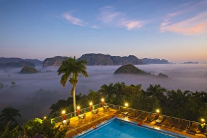 Cuba, Pinar del Rio Province, Vinales, View over Hotel Horizontes Los Jazmines swimming