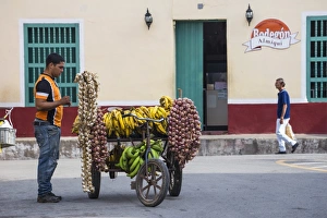 Cuba, Sancti Spiritus, Sancti Spiritus, Man selling garlic and bananas from a bike