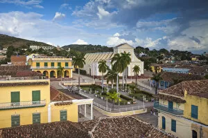 Cuba, Trinidad, View of Plaza Mayor looking towards Museum Romantico and Iglesia