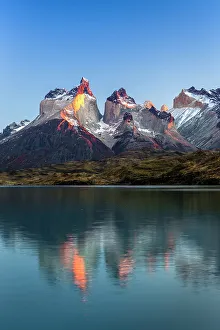 Cuernos del Paine and Lake Pehoe at sunrise, Torres del Paine National Park, Patagonia, Chile