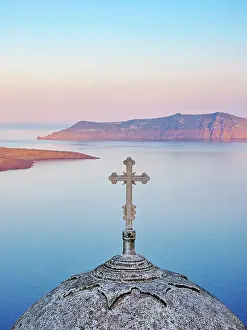 Thera Prints: Cupola of the St. John the Theologian Holy Orthodox Church and Caldera at sunrise