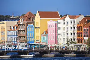 Pedestrian Bridge Prints: Curacao, Willemstad, Dutch colonial buildings on Handelskade along Pundas waterfront