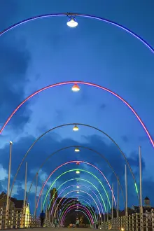 Pedestrian Bridge Prints: Curacao, Willemstad, Queen Emma pontoon bridge at night, somtimes called the swinging