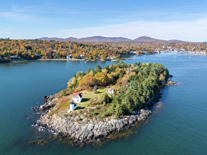 Camden Prints: Curtis Island Lighthouse and Camden beyond, Maine, New England, USA