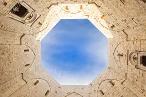Architectures Prints: Cutting of sky viewed from the inside courtyard of Castel del Monte fortress in Andria