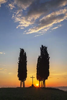 Cypress Trees & Cross at Sunrise, Val d'Orcia, Tuscany, Italy
