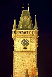 Astronomical Clock Prints: Czech Republic, Prague; The Astronomical Clock lit up at Staromestke Namesti