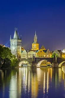Czech Republic, Prague, Mala Strana. View of Charles Bridge and Old Town Bridge Tower