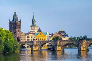 Czech Republic, Prague, Mala Strana. View of Charles Bridge and Old Town Bridge Tower