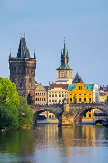 Czech Republic, Prague, Mala Strana. View of Charles Bridge and Old Town Bridge Tower