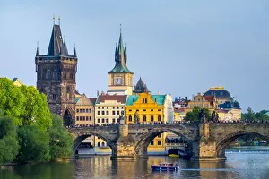 Czech Republic, Prague, Mala Strana. View of Charles Bridge and Old Town Bridge Tower