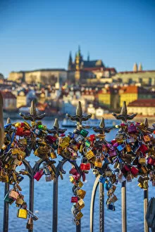 Images Dated 7th December 2018: Czech Republic, Prague, Mala Strana and Prague Castle across River Vlatava, Love Locks
