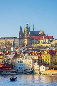 Czech Republic, Prague, Mala Strana and Prague Castle across River Vlatava