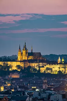 Czech Republic, Prague, Vinohrady. View of Stare Mesto, Prague old town, and Prague