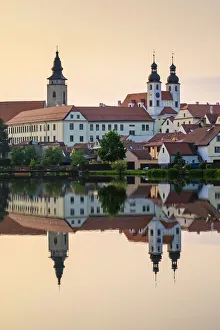 Czech Republic, Vysocina Region, Telc. View of town and Church of The Name of Jesus