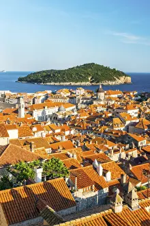 Dalmatia, Croatia, Dubrovnik. View over the rooftops of Dubrovnik and the island of