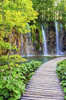Dalmatia, Croatia, Plitvice lakes national park. Boardwalk and Waterfalls at Burget Lake