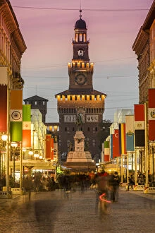 Via Dante pedestrian street and Castello Sforzesco behind, Milan, Lombardy, Italy