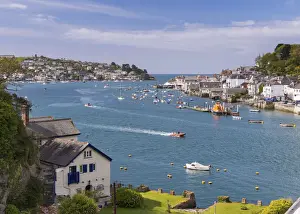 Daphne du Maurier's home Ferryside in the village of Bodinnick, looking over the Fowey Estuary to Fowey and Polruan, Cornwall, England. Spring (May) 2015