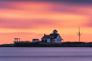 Kittery Prints: Dawn light over Wood Island Lifesaving Station, Kittery Point, Maine, USA