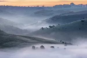 Dawn over Melbury Down and Ashmore Down from Melbury Hill, Cranborne Chase, Dorset, England, UK