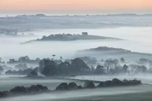 Images Dated 6th April 2021: Dawn mist around Windmill Hill near Alvediston, Cranborne Chase, Wiltshire, England, UK