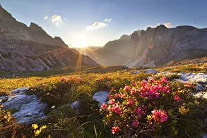 Backlight Prints: Dawn on Sassovecchio Valley with Crode Fiscaline, Dolomites, Dobbiaco, South Tyrol