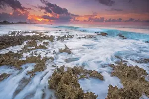 Oceans Seas Prints: Daybreak on the Caribbean Sea along the rugged ironshore of Grand Cayman in the Cayman Islands
