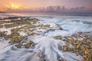 Oceans Seas Prints: Daybreak on the Caribbean Sea along the rugged ironshore of Grand Cayman in the Cayman Islands