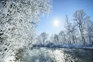 Weilheim Schongau Prints: Deciduous forest with hoar frost in winter at Loisach - Germany, Bavaria, Upper Bavaria