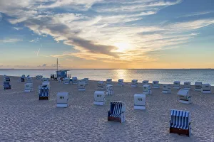 Deckchairs Prints: Deckchairs on Hornum beach at sunrise, Sylt, Schleswig Holstein, Germany