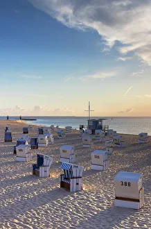 Deckchairs Prints: Deckchairs on Hornum beach at sunrise, Sylt, Schleswig Holstein, Germany