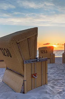 Deckchairs Prints: Deckchairs on Wenningstedt beach at sunset, Sylt, Schleswig Holstein, Germany