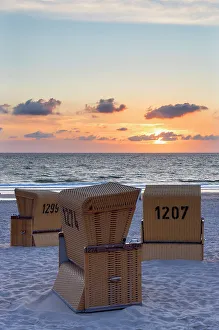 Deckchairs Prints: Deckchairs on Wenningstedt beach at sunset, Sylt, Schleswig Holstein, Germany