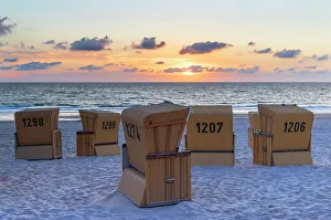 Deckchairs Prints: Deckchairs on Wenningstedt beach at sunset, Sylt, Schleswig Holstein, Germany