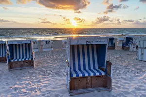 Deckchairs Prints: Deckchairs on Westerland beach at sunset, Sylt, Schleswig Holstein, Germany