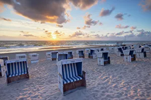 Deckchairs Prints: Deckchairs on Westerland beach at sunset, Sylt, Schleswig Holstein, Germany