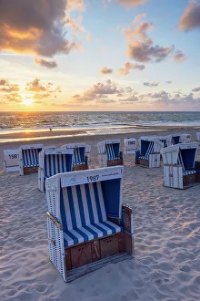 Deckchairs Prints: Deckchairs on Westerland beach at sunset, Sylt, Schleswig Holstein, Germany