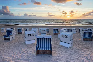 Deckchairs Prints: Deckchairs on Westerland beach at sunset, Sylt, Schleswig Holstein, Germany