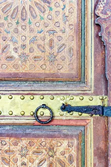 Carved Prints: Decorated ancient wooden doorway, Bahia Palace, Marrakech, Morocco