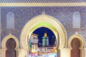 Ceramic Prints: Decorated arch of Bab Bou Jeloud gate with colorful ceramic tiles at the medina of Fes