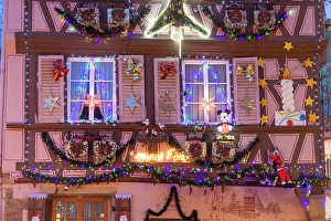 Half Timbered Prints: Decorated facade at Christmas, Colmar, Alsace, Haut-Rhin, Grand Est, France