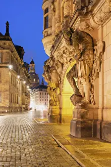 Saxony Prints: Decorated Georgentor Gate with Frauenkirche church at illuminated street