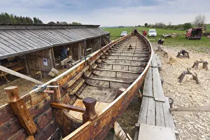 Funen Prints: Denmark, Funen, Ladby, Ladby Vikingmuseum, building of traditional Viking ship
