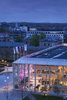 Jutland Prints: Denmark, Jutland, Aarhus, Musikhuset Aarhus, performing arts center, exterior, evening